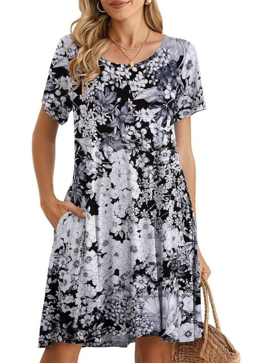 Dresses & Skirts - Women's Flower Casual Loose Swing Tunic Short Sleeve Sun Mini Shirt Dress